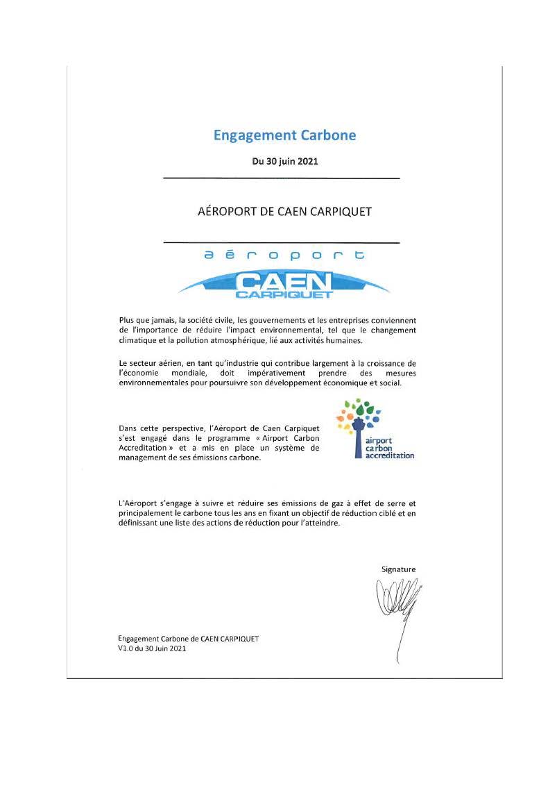 Lettre d'engagement carbone de l'Aéroport de Caen